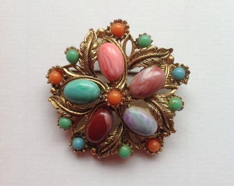 Vintage Large Floral Multicolour Faux Gemstone Brooch