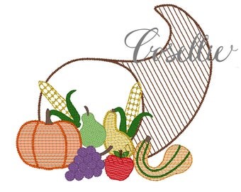 Cornucopia embroidery design, Fall embroidery design, Vintage stitch cornucopia, Thanksgiving embroidery design, Vintage Thanksgiving