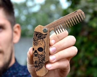 ON SALE Gift for Boyfriend Friend Sugar Skull Beard Hair Comb Engraved Beard Brush Men Grooming kit Stag Party Bachelor Gift for Guy Brother