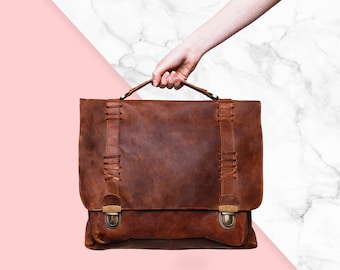 Leather Satchel - Messenger Bag, 15" Laptop capacity in Vintage Brown by MAHI Leather