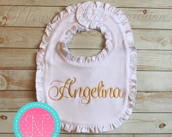 Personalized Embroidered Girl's Baby Bib - Gold Cursive Script personalized bib
