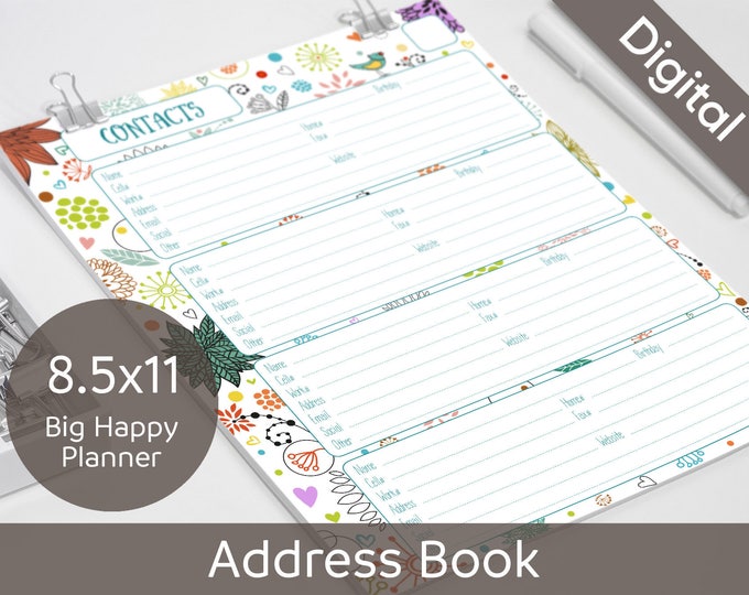 8.5x11 Address Book Pages Printable, Contacts, Letter, Big Happy Planner, 2 layouts, Syasia Cute Floral, DIY Planner PDF Instant Download
