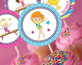 60% OFF SALE Gymnastics Cupcake Toppers, Cupcake Circles, Favor Tags, Party Decorations, Gym, Gymnastics Circles, instant download, matching