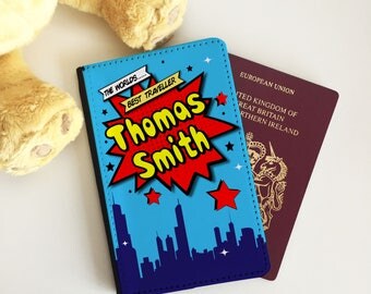 Personalised Blue Superhero Comic Strip Passport Cover - Passport Case - Passport Wallet for kids and adults
