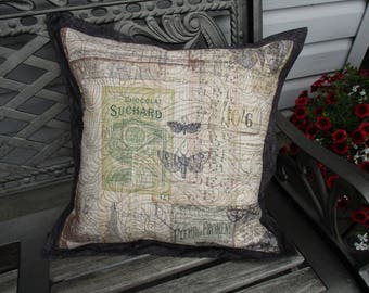 Quilted Throw Pillow, Large Lounge Pillow, French Words Fabric 1800 Culture, World Travel Cushion, Grad Gift, 20 inch Teen Chic Pillow Cover