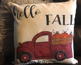Vintage Truck, Fall Pillow Cover, Pillow Cover, 18 x 18 Pillow Cover, Fall Home Decor, Decorative Pillow, Fall Decor, Hand Painted, Pumpkin