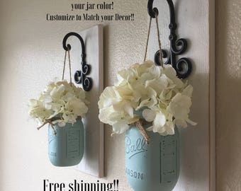 Set of 2 Mason Jar Sconces, Mason Jar Wall Decor, Country Decor, Hanging Mason Jar Sconce, Mason Jar Decor, Wall Sconce, Farmhouse Decor