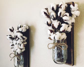 Mason Jar Sconce With Cotton Stems Stem Decor Rustic Farmhouse Wall Mason Jar Sconce With Cotton Stems Stem Decor Rustic Farmhouse Wall