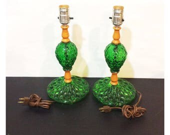 Vintage Green Glass Table Lamps Set of 2