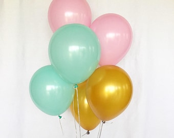 Pink Mint Gold Latex Balloons Pink Balloons Gold Balloons Pink and Gold First Birthday Pink and Gold Party Pink Mint Gold Decor Mint Balloon