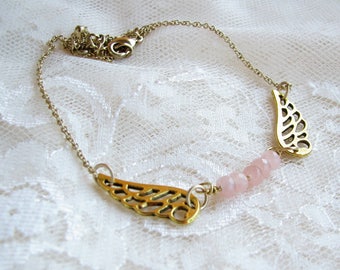 Angel wing necklace Pink necklace Gold necklace Mother Gift for her Chain pendant Quartz pendant Boho necklace Boho jewelry Christmas gift