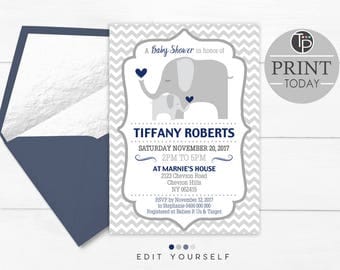 ELEPHANT Baby Shower Invitation, Instant Download Elephant BABY SHOWER Invitation, Navy Elephant Baby Shower, Shower Invitation, Editable