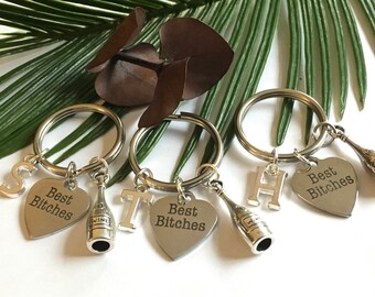 Best Bitches " Wine Bottle " Best Friends Key Ring And Personal "Initial" Silver Charms Buy For all Your Pals" affordable" & "Gift Wrapped