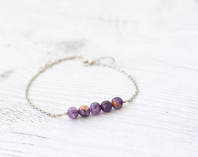 Natural charoite bracelet, Beauty gift, Charoite jewelry, Natural beads bracelet, Small purple bracelet, Ball chain bracelet, FREE SHIPPING