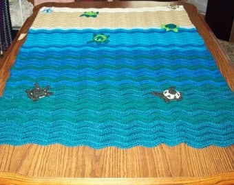 3D Sandy Shore To Sea Blanket 2 Starfish 5 Baby Sea Turtles Hatch-lings Crocheted By Me For You Throw Blanket Your Choice Size and Colors