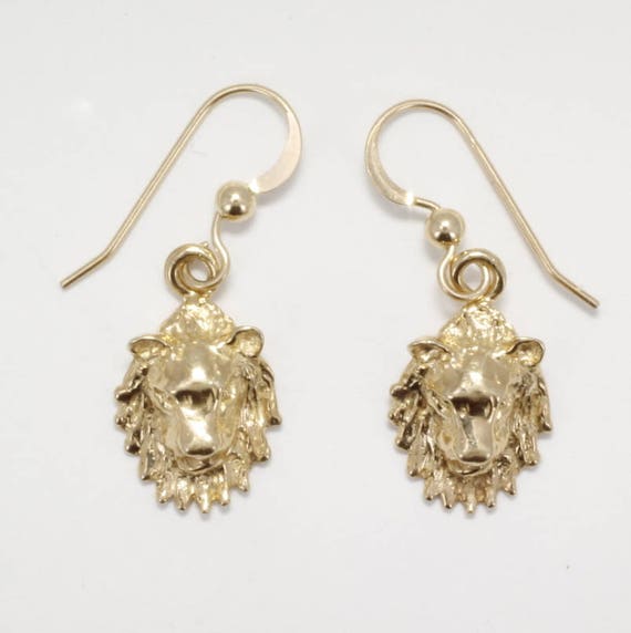 Lion Jewelry Lion Earrings 14kt Gold Lion Heads Dangle