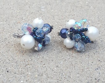Vintage Vendome Cluster Clip Earrings in Pearl, Crystal Blue and AB Glass, Seed Bead, AB Crystal Beaded Earrings