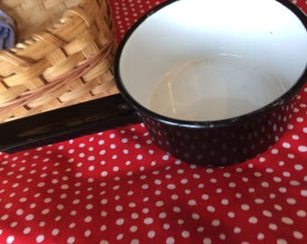 Vintage Black and White Enameled Metal Pot, Saucepan, Retro Kitchen Decor