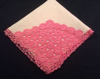 Vintage White Handkerchief with Pink Crochet Edges, 1950's Style Hankerchief, Ladies Hankie, Hanky