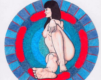 Adult Coloring Page, nude coloring page, nude woman drawing, nude pencil drawing, pinup art, colored pencil, beautiful woman, female figure