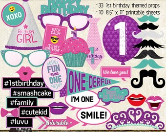 Photo Booth Props, HAPPY 1ST BIRTHDAY, girl, pink, purple, teal, printable sheets, instant download, diy, 1st birthday party