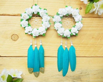Aqua Flower Dreamcatcher: Car Dreamcatcher, Interior Car Accessory, Rearview Mirror Charm, Boho Car Decoration, Boho Dreamcatcher