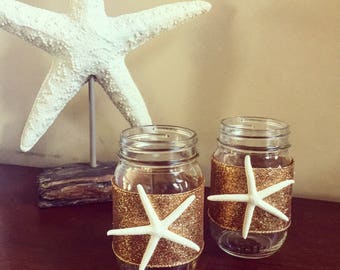 Nautical Mason Jar Vases, Starfish Vase, Mason Jar Vase, Set of 2 Mason Jar Vases, Nautical Centerpiece, Nautical Favors, Beach Theme Vase