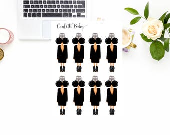 Planner Stickers, Light Skin, Fashion Girl, Little Black Dress, LBD, Decorative Stickers