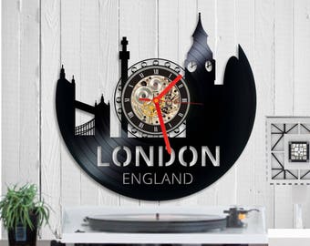 London Clock, London Vinyl Clock, Vinyl Record Art, Cityscape Clock, Unique Wall Clock, Large Wall Clock, Vinyl Record Clock, Gift for Him