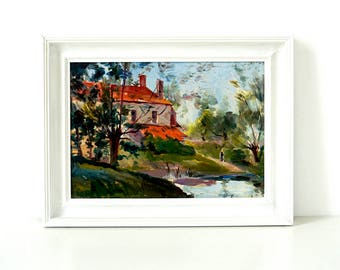 1940's Garden & Pink House - Original Oil Painting - Framed - Vintage Landscape Painting - House Painting