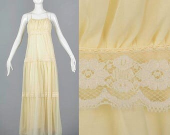 SALE Small Flowy Maxi Dress Backless Dress Alternative Wedding Gown Vintage 1970s 70s Prom Sheer Halter Long Off White Lace