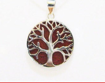 Coral Pendant Necklace, Tree-Of- Life Pendant, Sterling Silver Pendant, Unique Coral Pendant, Red Silver Necklace, Double Sides Pendant, Red