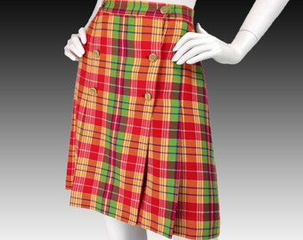 Vintage Clothing, 70s Style Plaid Skirt L, 90s Wool Skirt, Red Yellow Green, Plaid Kilt, Mod Skirt, Preppy Skirt, Schoolgirl Skirt, SIZE L