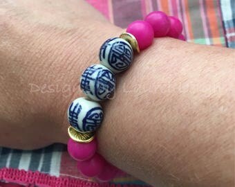 PINK Beaded Bracelet | fuchsia, jade, hot pink, chinoiserie, beaded, gemstone, Chinese, navy, stretchy, porcelain, blue and white