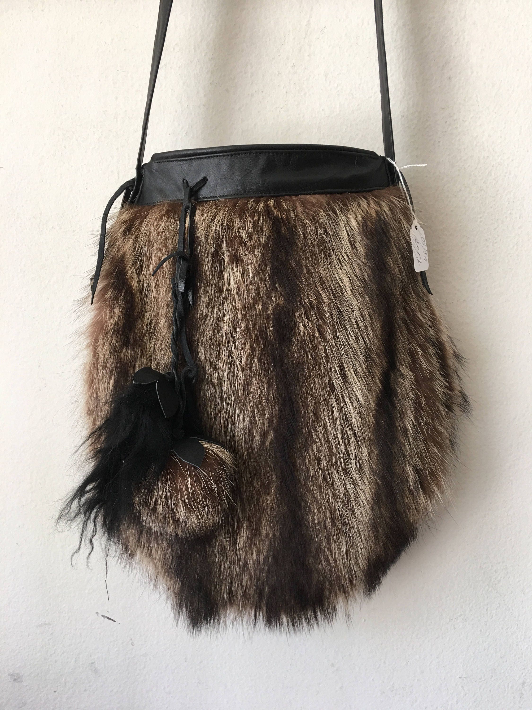 Real fur bag handmade real raccoon fur and leather with fur