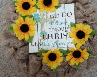 Natural Burlap Sunflower Wreath, Burlap Sunflower Wreath, Sunflower Wreath, Bible Verse Canvas Sign Wreath, Rustic Sunflower Wreath