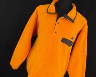 ON SALE Vintage Patagonia Synchilla T Snap Fleece Jacket Pullover Mens L Large Yellow Orange Moss Green Pocket Logo L/S