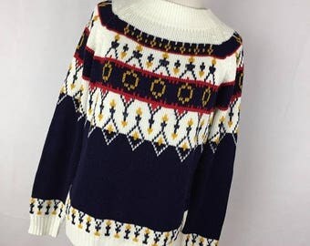 ON SALE Vintage Women's Nordic Ski Sweater Crew Mock Turtleneck Cream Blue Red Yellow JcPenney S Small H9
