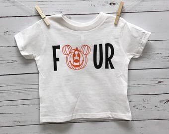 Four birthday shirt, Mickey Mouse shirt, Minnie Mouse Shirt, Pumpkin shirt, unisex kids clothing, tops, halloween shirt, halloween mickey,