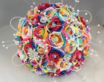 Artificial bride bouquet rainbow flowers foam rose brooch crystal wedding sparkly diamante ribbon glitter loops modern posie rainbow roses