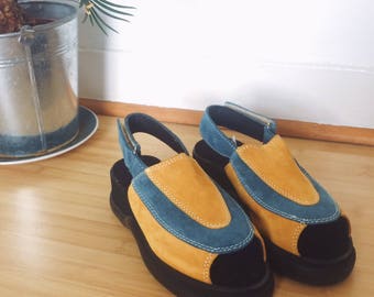 Blue and Yellow Suede Platform Sandals