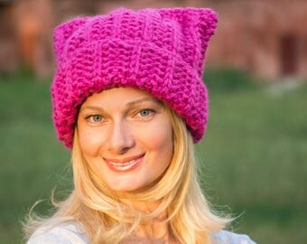 Gift|for|her pink hat pink pussy hat chunky knit pussyhat hot pink cat hat with ears valentines gift ideas gift for sister goodbye gift