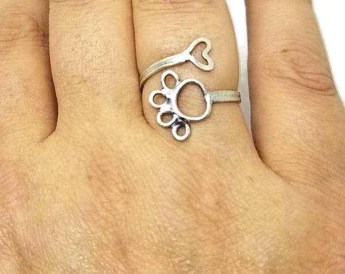 Sterling Silver Paw Print Ring, Adjustable Sterling Silver Heart Ring, Gift for Her, Unique Birthday Gift, Paw Print Jewelry, US Size 7.5