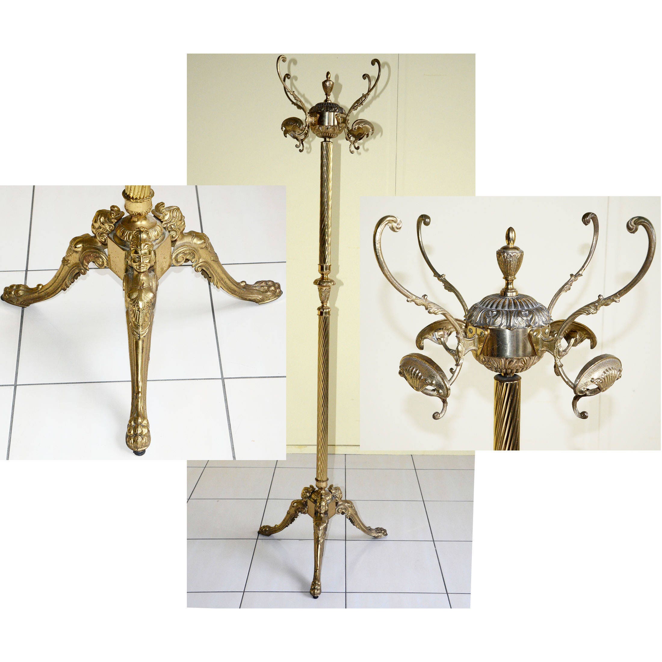 Antique French Brass Hall Tree Coat Hat Rack Stand Very Rare 3