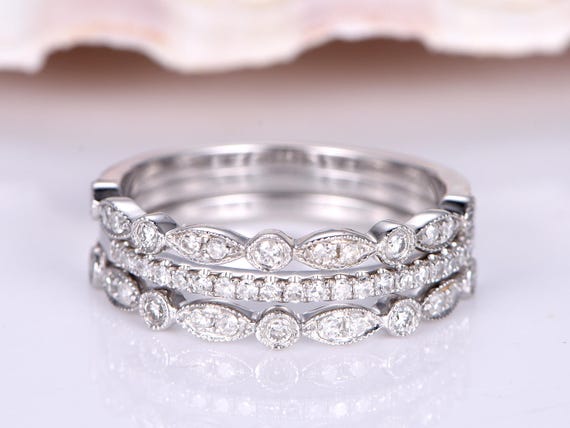 3pcs diamond wedding bandhalf eternity ringsolid 14k white