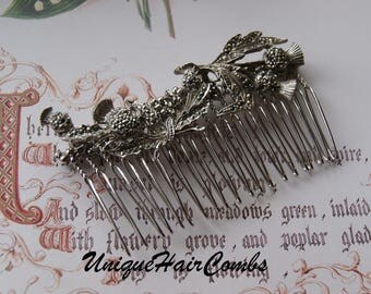 Vintage Scottish Thistle Marcasite Hair Comb, Silver Tone Thistle Comb- Wedding, Bridal, Prom Hair Accessories