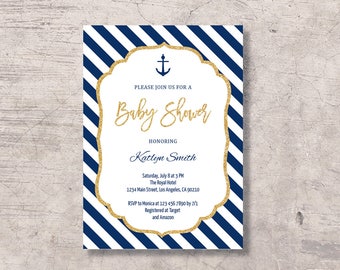 Nautical Baby Shower Invitation Printable, gold and navy anchor baby shower invite, editable pdf instant download, marine baby shower boy