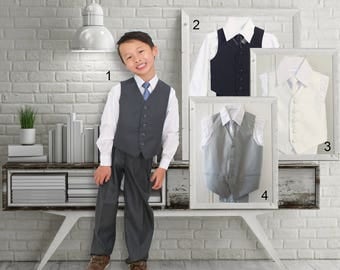 Toddlers and Boys Grey White Black Vest 4-Piece Suit, with Shirt Pants Tie, Baptism Christening Wedding Ring Bearer