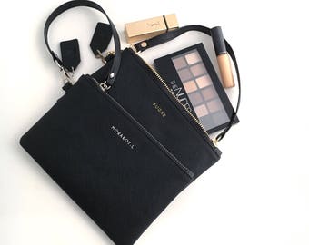 Monogram Clutch - Personalized Clutch - Monogram Cosmetic Bag - Makeup Bag - Wristlets Clutch - Personalized gift for her (Black Saffiano)