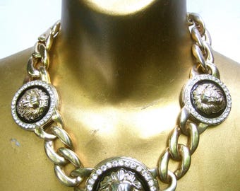 Chunky Gilt Metal Lion Medallion Necklace c 1980s